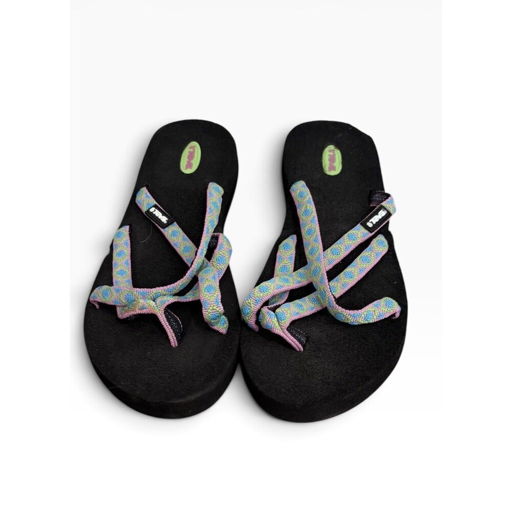 Women's Teva Olowahu Flip Flop Sandals Black Blue Geometric Size 7